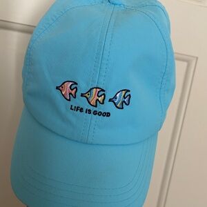 Life Is Good Blue Hat with Colorful Fish Design
